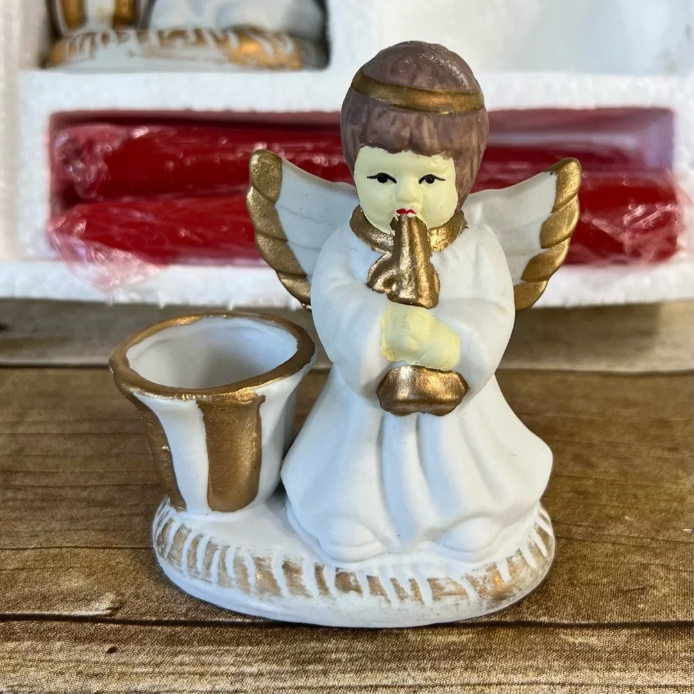 Vintage‎ Set of 4 Ceramic Musical Angel Candle Holders with Red Taper Candles